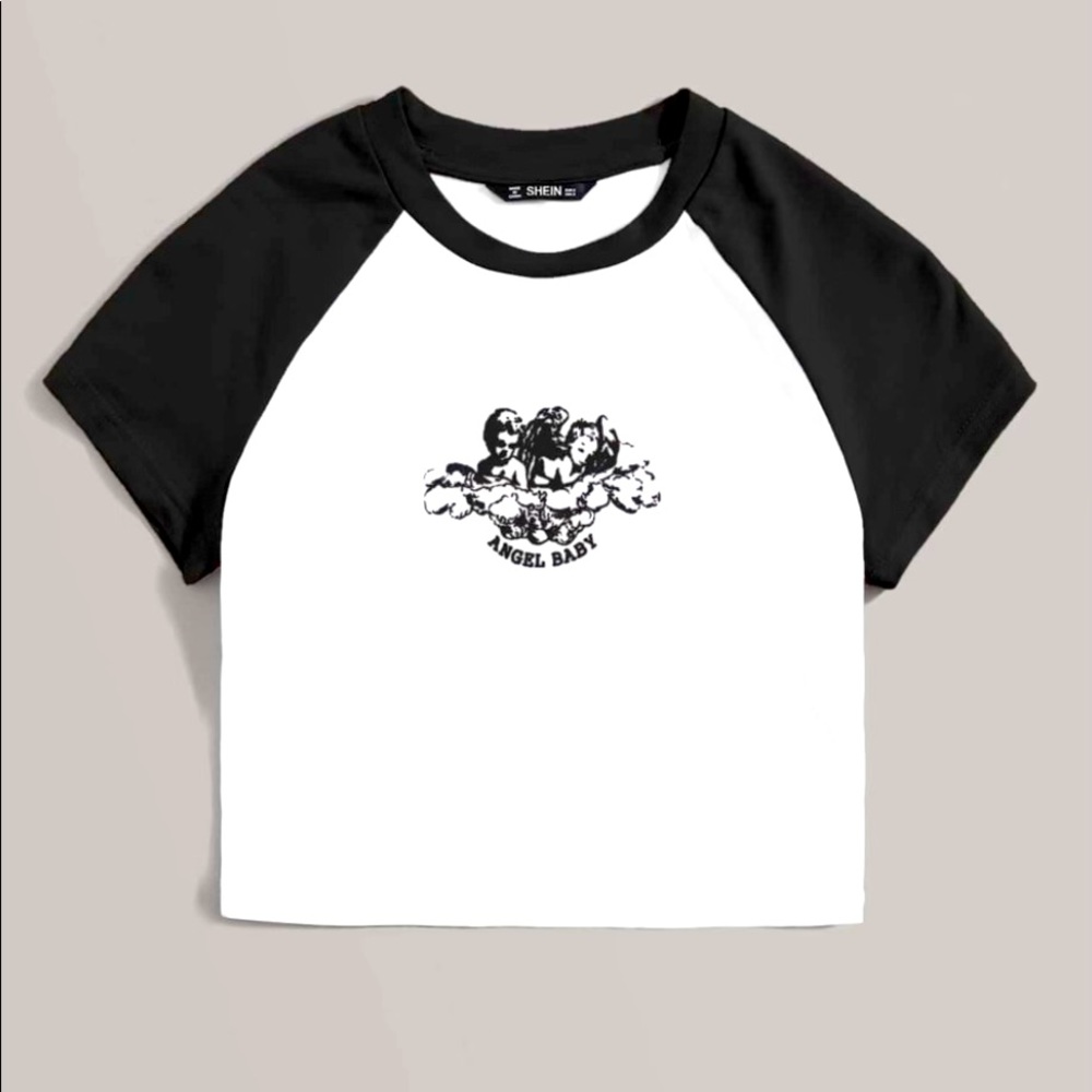 SHEIN Angel and Letter Graphic Raglan Sleeve Tee